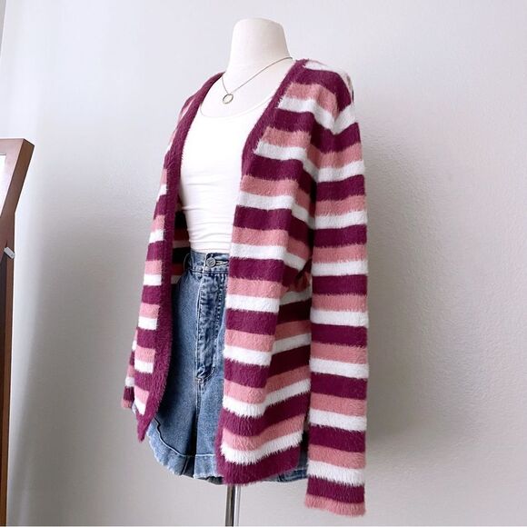 Fuzzy Open Front Striped Cardigan - Picture 3 of 5
